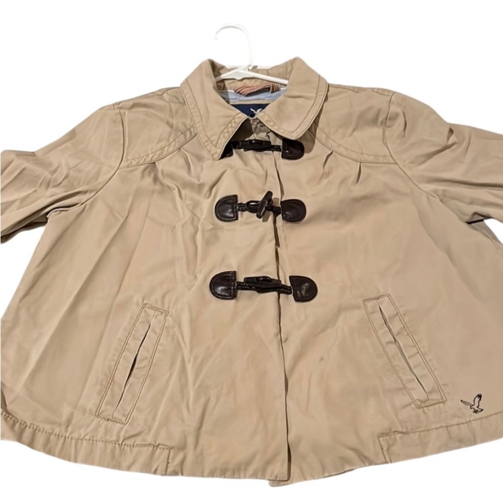 American Eagle Outfitters size XL tan short trench coat leather toggle buttons